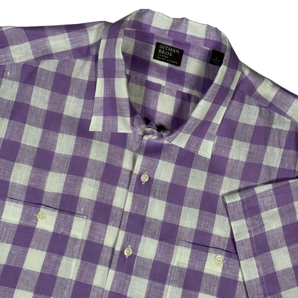 Gitman Bros Linen Gingham Purple White Shirt Men Large Camp Collar USA Button Up